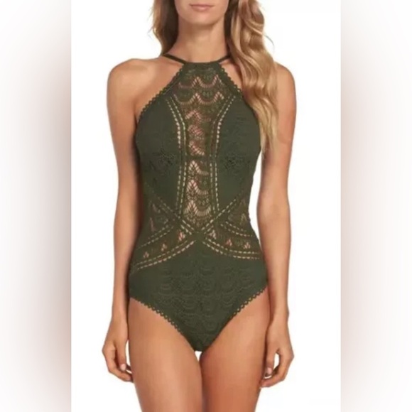 BECCA Women’s XL Olive Green Crochet Halter One-Piece Open-Stitch Swimsuit - NWT - Picture 1 of 15